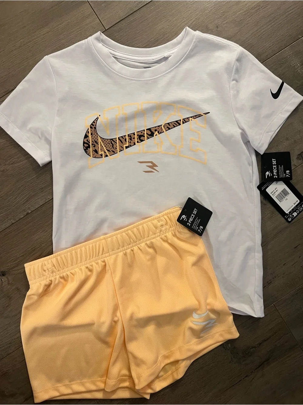 Nike White Tee with Leopard Swoosh & Peach Athletic Shorts